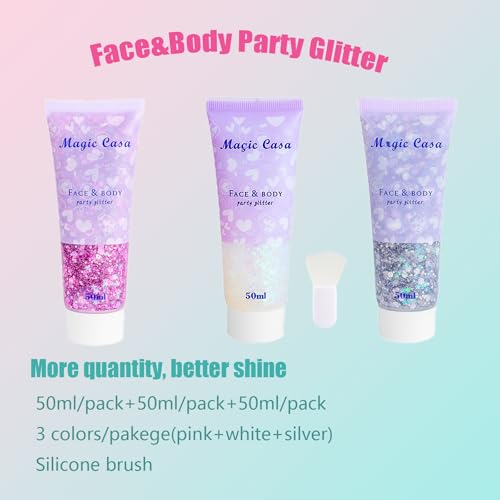 Body Glitter White & Silver & Pink 150ml Face Hair Self Adhesive Gel Accessories Cosmetic Glitter Long Lasting Chunky Sequins Glitters for Eye Lip Nails Gel Festival Rave