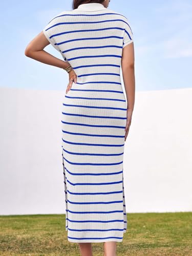 XX-Large Women's Striped V-Neck Knit Sweater Dress Short Sleeve Blue