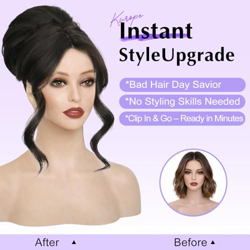 Messy Bun Hair Piece with Bangs 2-in-1 Black Brown Updo Wig - Natural Look