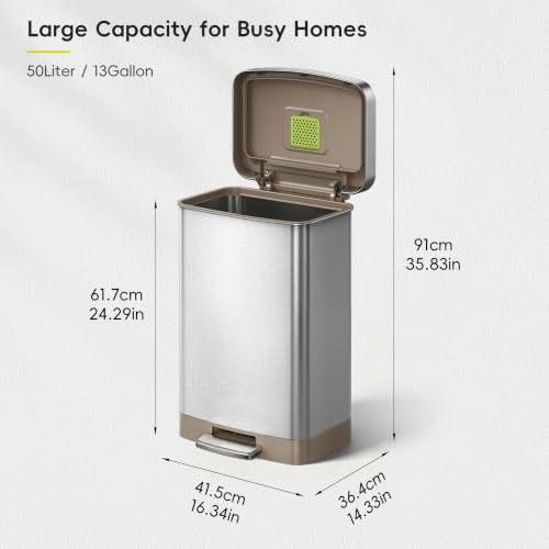 EKO Hudson Matte Stainless Steel Step Trash Can 50L with Rear Bag Storage