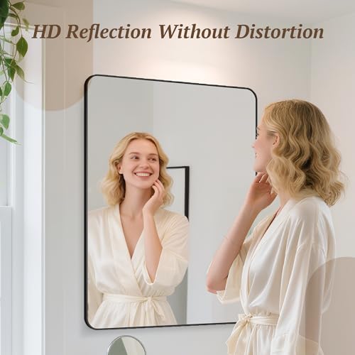 Large 55x30 Inch Rectangular Bathroom Mirror with Rounded Corners - Black Wall Mount