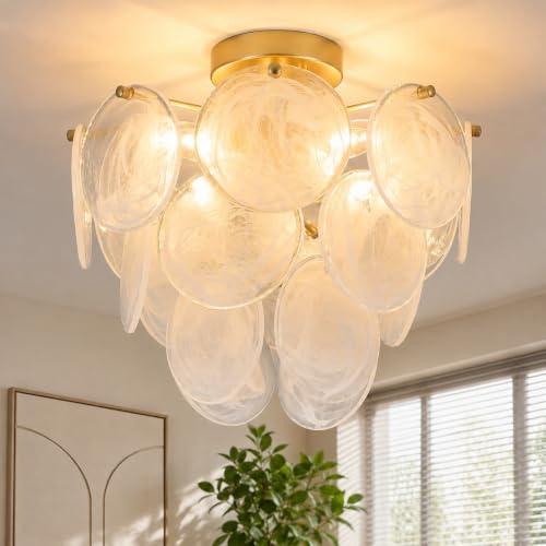 SUNVKWEY Gold Glass Flush Mount Ceiling Light - Mid Century Modern 4-Light Chandelier for Living Room & Bedroom