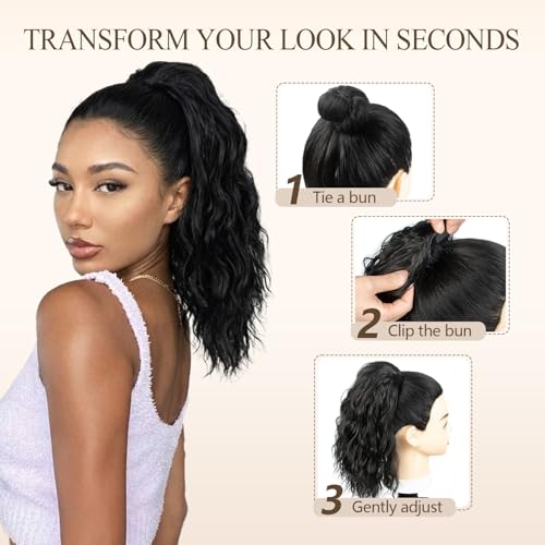14-Inch Synthetic Ponytail Extension #1B Natural Black with Drawstring & Clips - Trendy Hair Accessory