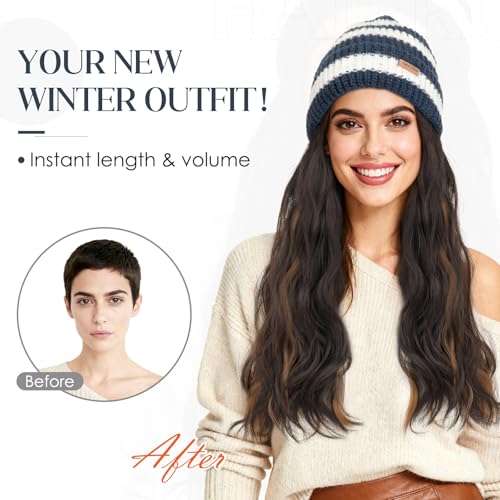 Hairro Beanie Wig Hat with Synthetic Hair - Winter Warm Knitted Cap for Women, 18" Blue & White Variation