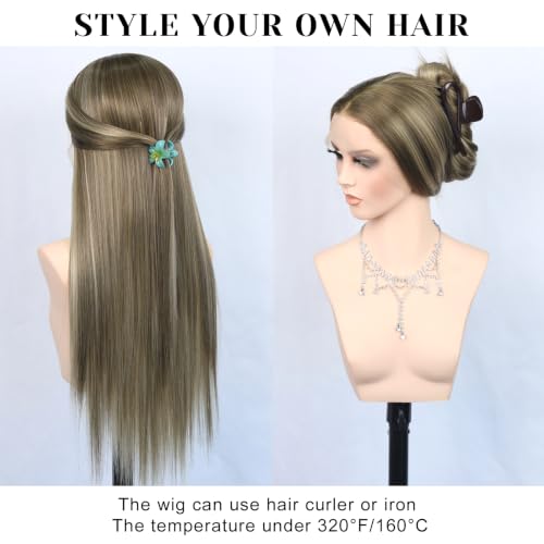 Life Diaries 26 Inch Straight Synthetic Lace Front Wig for Women Dark Brown Blonde Highlights