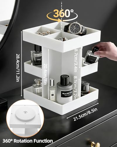 White 3-Tier Acrylic Cologne Organizer with Rotating Shelves for Men, Waterproof Perfume Stand