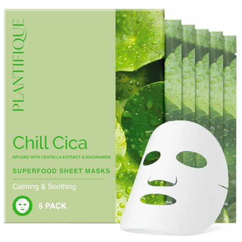 PLANTIFIQUE Facial Sheet Mask Chill Cica 5 Pack ? Calming & Soothing Face Mask Sheets with Centella & Niacinamide ? Korean Skincare for Skin Comfort and Even Texture