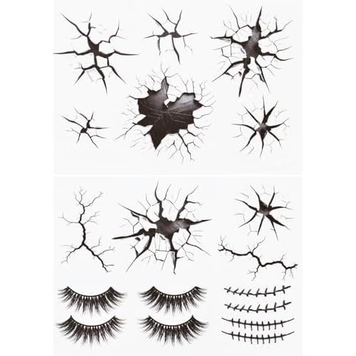 Halloween Creepy Cracks Face Tattoo Set, Temporary Makeup Stickers with Eyelashes, Black Broken Glass Pattern, Costume Accessories