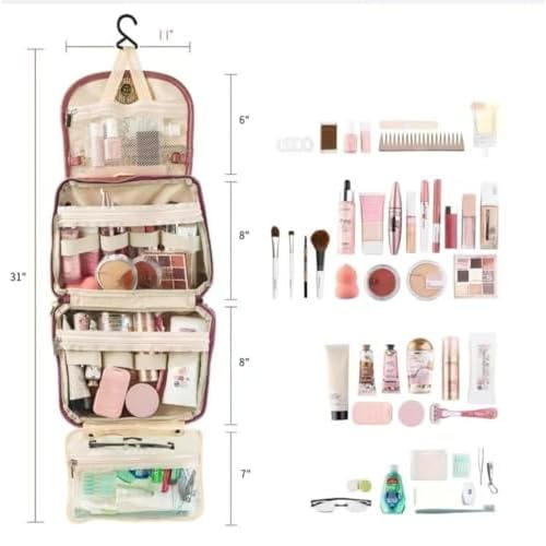Travel Toiletry Bag for Women - Hanging Cosmetic Makeup Organizer with Clear Compartments, Water-Resistant Cosmetic Bag, Perfect for Vacation, and Daily Use (pink)