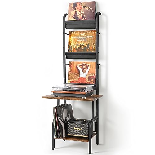 Record Player Stand with Vinyl Storage - Black & Brown, Holds Up to 200 Albums