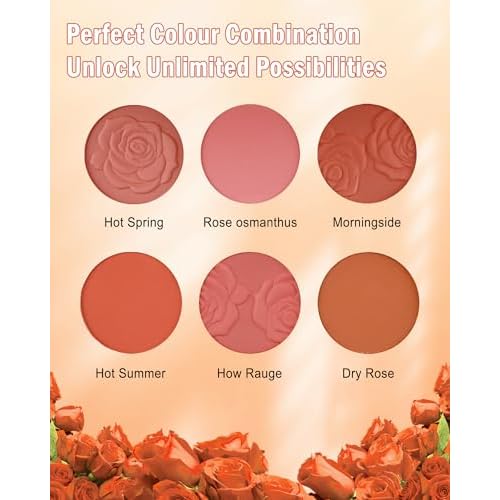Matte Face Blush Palette with Brush-6 Color High Pigment Mineral Blendable Blusher Contour Powder for Cheeks,Longlasting Facial Beauty Cosmetic,Valentine's Women's Day Makeup Gift for Women-Set 02