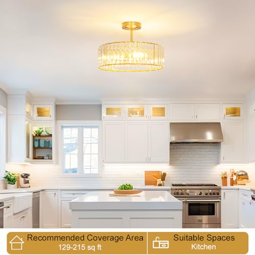 16 Inch Modern Crystal Ceiling Light Fixture - 5-Light Semi Flush Mount Gold
