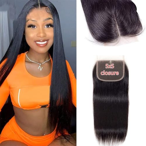 amzhair 5x5 HD Lace Closure Human Hair 12 Inch Straight Brazilian Virgin Pre-Plucked