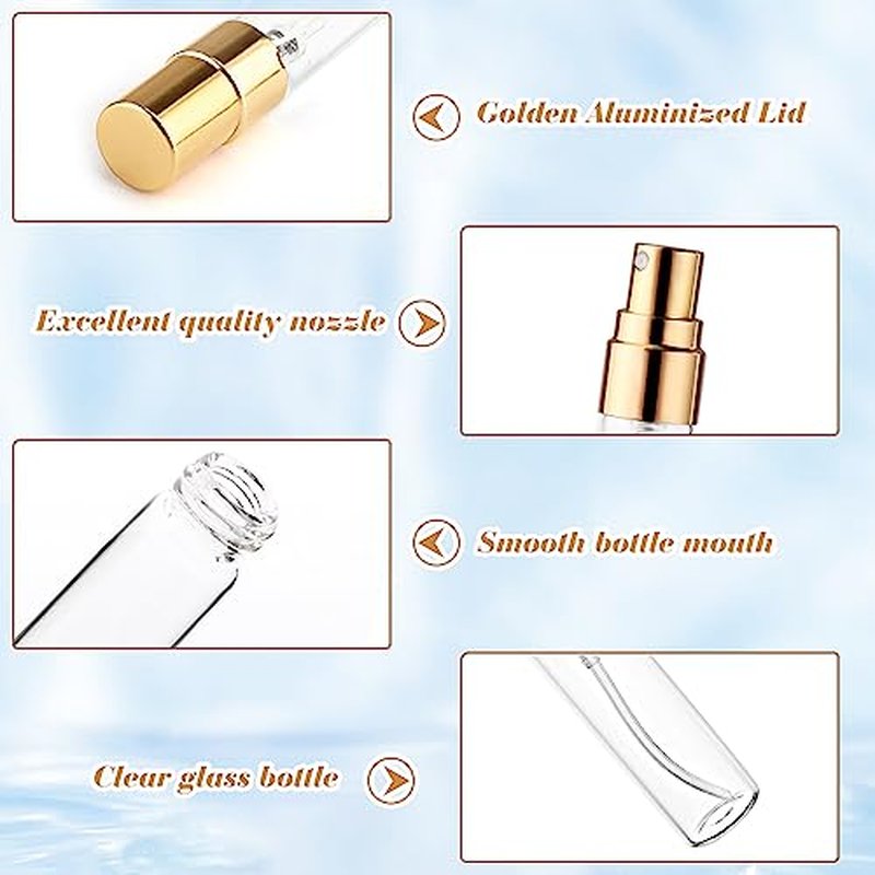 20Pcs 5ml Clear Glass Mist Spray Bottle Refillable Mini Perfume Atomizer Empty Travel Sample Bottle with Golden Aluminized Nozzle Makeup Container for Perfume,Liquid,Air Fresheners
