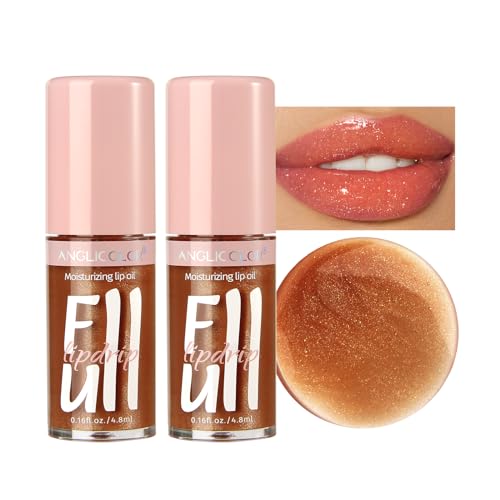 2PC Lip Glow Oil Hydrating 6 Colors, Moisturizing & Nourishing Plumping Tinted Lip Gloss for Dry Lips, Vegan, Lip Plumper Gloss Make Lips Fuller (2PC#06, 9.6ml)