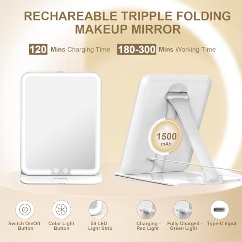 Mocado Foldable Travel Lighted Makeup Mirror with 3 Light Modes, 8" x 6" White