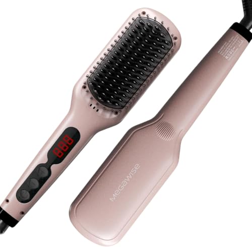 Pink Gold Hair Straightener Brush with Ionic Ceramic Heating, Anti-Scald, Auto Shutoff, Dual Voltage
