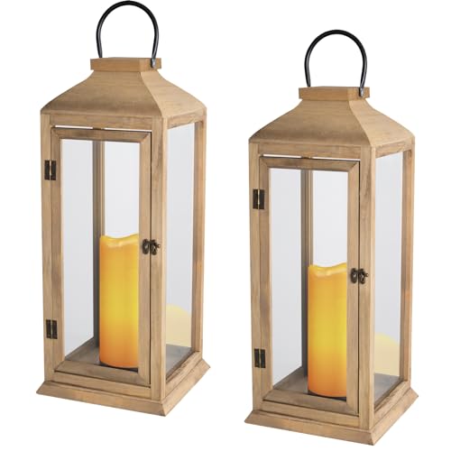 Bdor 2 Pack 22.5 Inch Outdoor Wooden Lanterns with LED Candles - Porch Decor