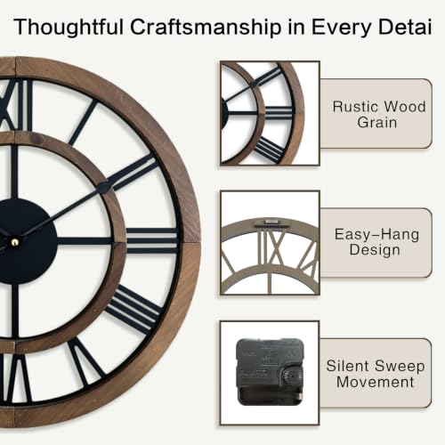 16 Inch Rustic Wall Clock - Silent Wooden Farmhouse Decor with Roman Numerals