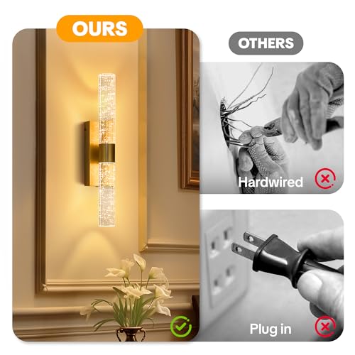 Linboro Gold 16.9-Inch Battery Operated Wall Sconces Set of 2, Dimmable Rechargeable Cordless Lights for Bedroom & Living Room