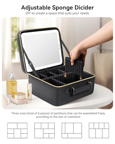 Large Travel Makeup Bag with LED Mirror - Waterproof Organizer with Adjustable Dividers - Black