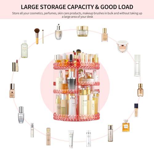 Pink 360° Rotating Makeup Organizer with Adjustable Compartments – Acrylic Cosmetic Caddy Shelf Storage for Lipsticks, Brushes & Accessories