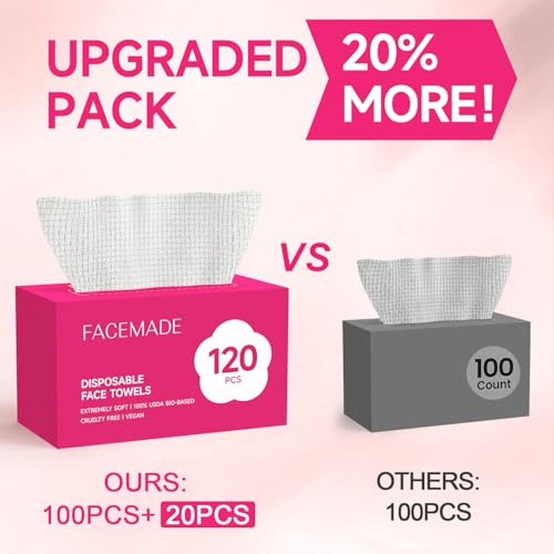 FACEMADE 240 Count (2 packs) Disposable Face Towels, 100% USDA Biobased Face Towelettes Disposable, Clean Facial Towels for Makeup and Clean Skin, Super Soft and Thick Dry Wipes Club