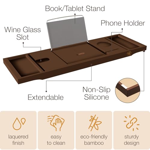 Bambüsi Brown Bamboo Expandable Bathtub Tray with Wine Holder & Book Stand
