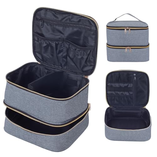 Double Layer Makeup Bag with Adjustable Dividers - Gray Gold, Travel Cosmetic Organizer