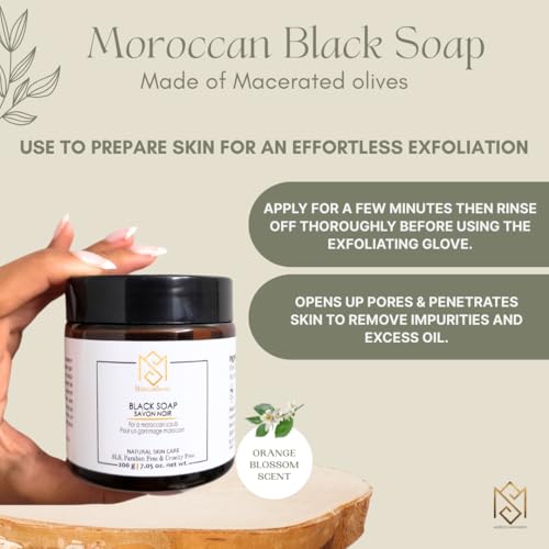 MS Moroccan Black Soap with Orange Blossom - Natural Skincare for Softening & Exfoliation, Removes Dry Skin and Impurities, Prepares Skin for Effortless Exfoliation, Paraben-Free, Cruelty-Free, 200g