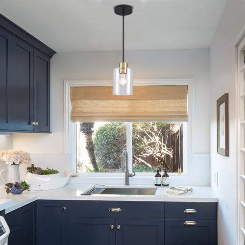 KLSS Black Brass Pendant Lights for Kitchen Island - 2 Pack, Clear Glass, 12 & 4 Inch Stems