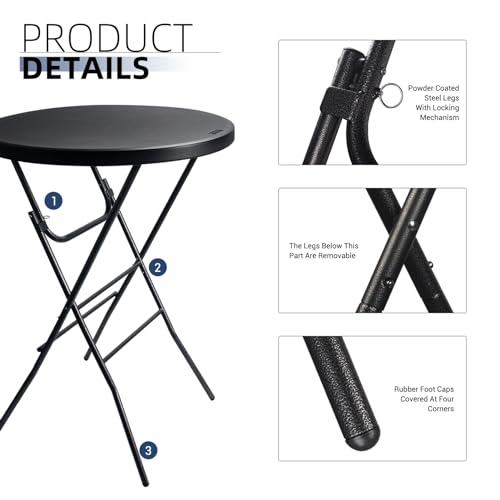 Black 32x43 Inch Folding Cocktail Table - High Top Bar Table, Portable