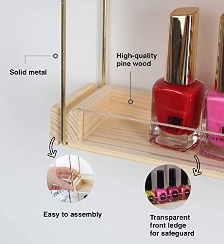 Wood Wall Mount Nail Polish Display Shelf Rack - Holds 60 Bottles, 5 Tiers, Gold & Wood Finish