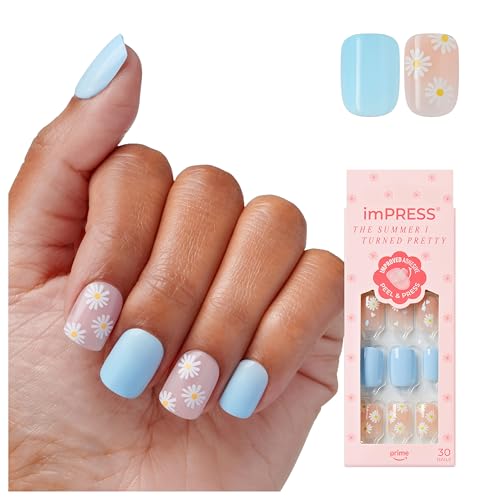 KISS | The Summer I Turned Pretty Press On Nails, Blue & White, Daisy Floral Design, Short Squoval, 30 Fake Nails, Prep Pad, Mini Nail File, & Manicure Stick