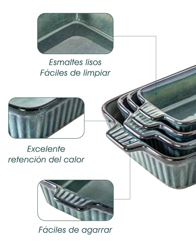 Deep Green Ceramic Casserole Set of 4 - Oven Safe Baking Dishes with Handles