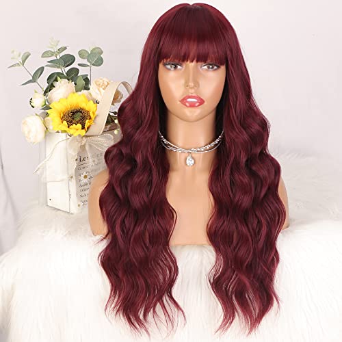 Long Wigs for Women - 24 Inch Wavy Wig with Bangs - Wine Red