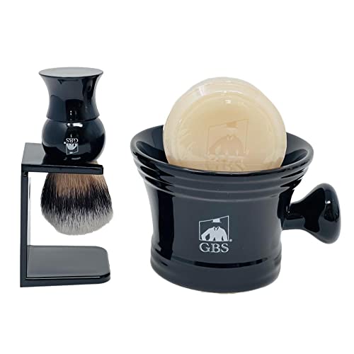 G.B.S GENTS Wet Shaving Kit - 4-Piece Set in Black Ceramic Bowl, Synthetic Brush, Stand & Shea Soap