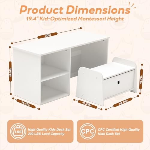 Faesun 3-in-1 Toddler Bookshelf with Bench, White Montessori Reading Nook & Toy Organizers