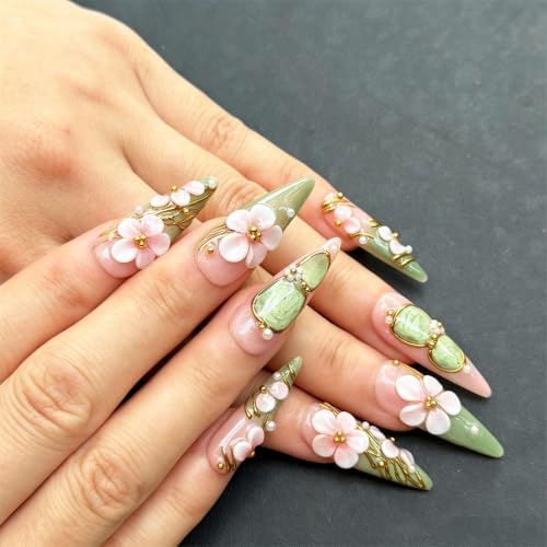 Pink Green Gradient Stiletto Press On Nails with Floral Gold Decor - Mint Nude Variation of THIS Listing