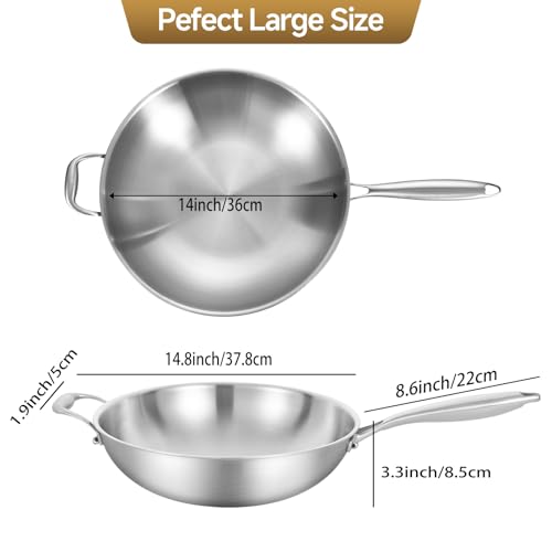 LOLYKITCH 14.5 Inch Tri-Ply Stainless Steel Wok Pan No Lid