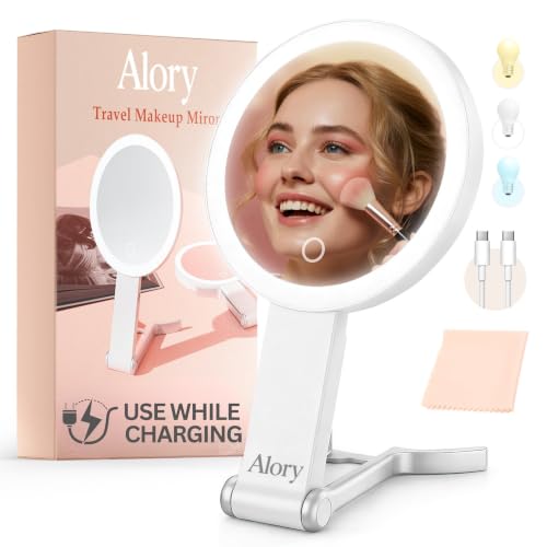 Travel Makeup Mirror with Lights and 10X Magnification – Rechargeable Compact Vanity Mirror with 3 Light Modes