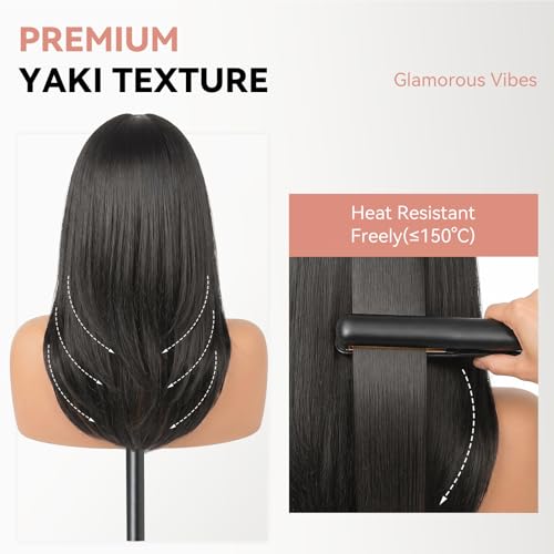Yaki Straight V Part Wig for Black Women - Synthetic Layered Half Wig, Glueless, Heat Resistant, 14 Inch, Natural Black
