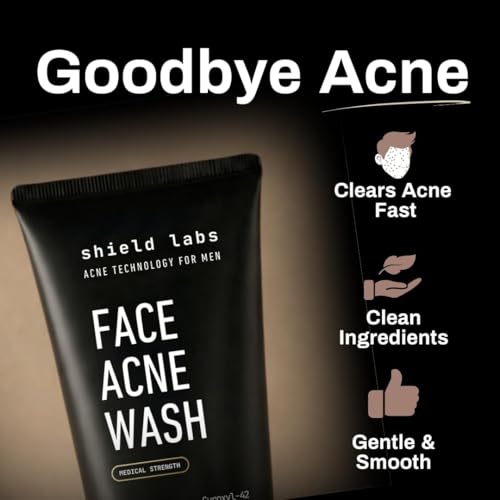 Shield Face Acne Wash for Men 5oz - Clear, Treat & Prevent Acne - Gentle Formula with Niacinamide & Hyaluronic Acid
