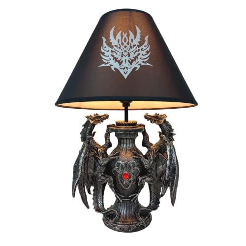 Dragon Table Lamp Gothic Guardians with Black Fabric Shade - 19 Inch Decor