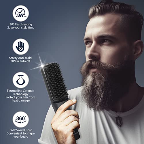 Beard Straightener for Men, Tourmaline Ceramic Heated Beard Brush with Anti-Scald Feature for Medium to Long Beards, 3 Temperature Settings, Beard Grooming Gift Kit for Men