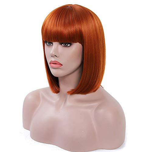 Brown Orange Short Bob Wig with Bangs - Glueless Synthetic Hair for Cosplay & Halloween - Variation: Brown Orange