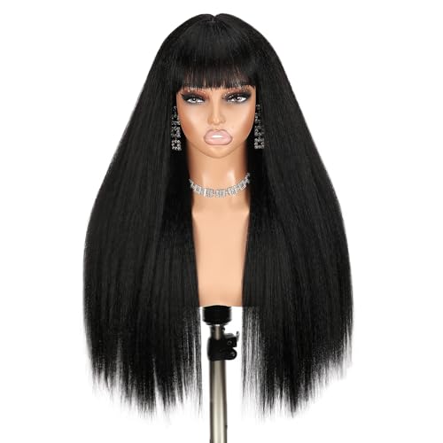 Long Yaki Straight Wig with Bangs for Black Women - Black / 26 - Glueless, Beginner Friendly Synthetic Hair