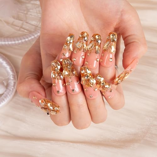 Press On Nails Stardust Gold Rhinestone - Reusable Full Cover Coffin Nails - Handmade 1.3 in - M Variation