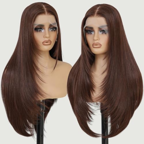 Auburn Synthetic Lace Front Wig 26 Inch Pre-Plucked Layered Straight Wig for Women