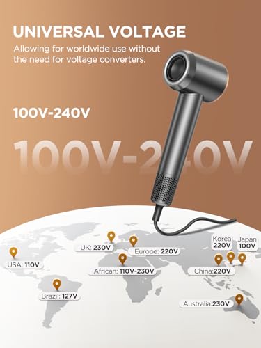 Grey Dual Voltage Travel Hair Dryer with Diffuser - Ionic Fast Drying Compact